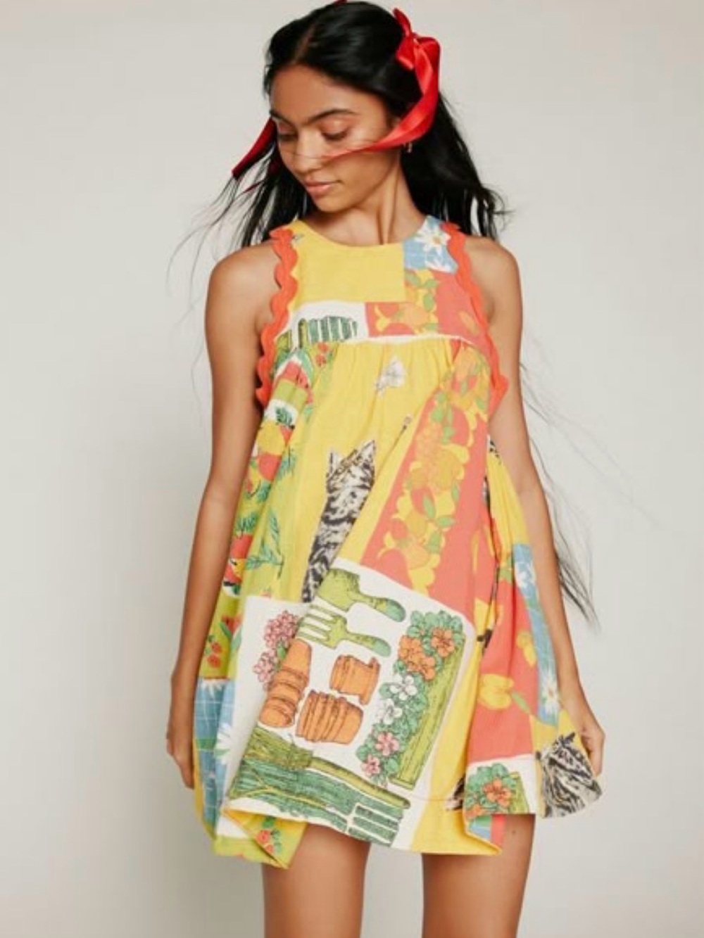 Kimchi Blue Yellow & Coral Patchwork Mini Dress tea towel cat ric rac
